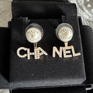 CHANEL Gold, Pearly White and Crystal Two way LOGO Earrings (NWT)